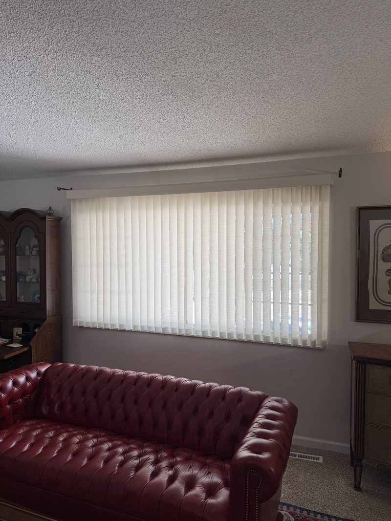 Sheer vertical blinds across a wide living room window